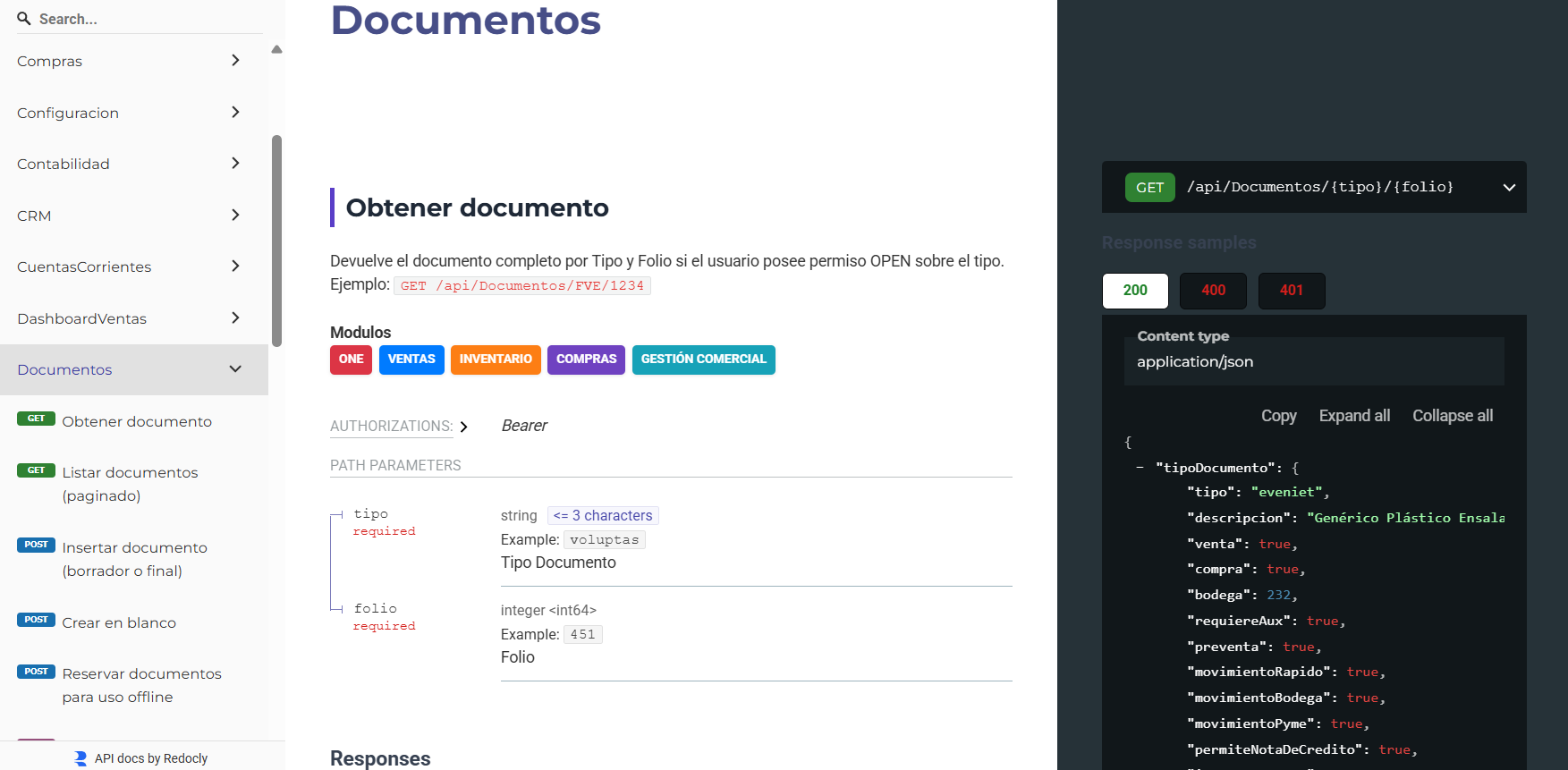 Documentación OpenAPI de Tokem ERP con endpoints, parámetros y ejemplos de respuesta