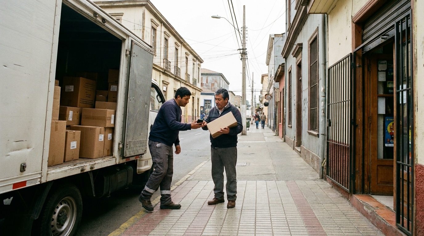 Chofer entregando mercadería desde el camión y confirmando la guía en el celular