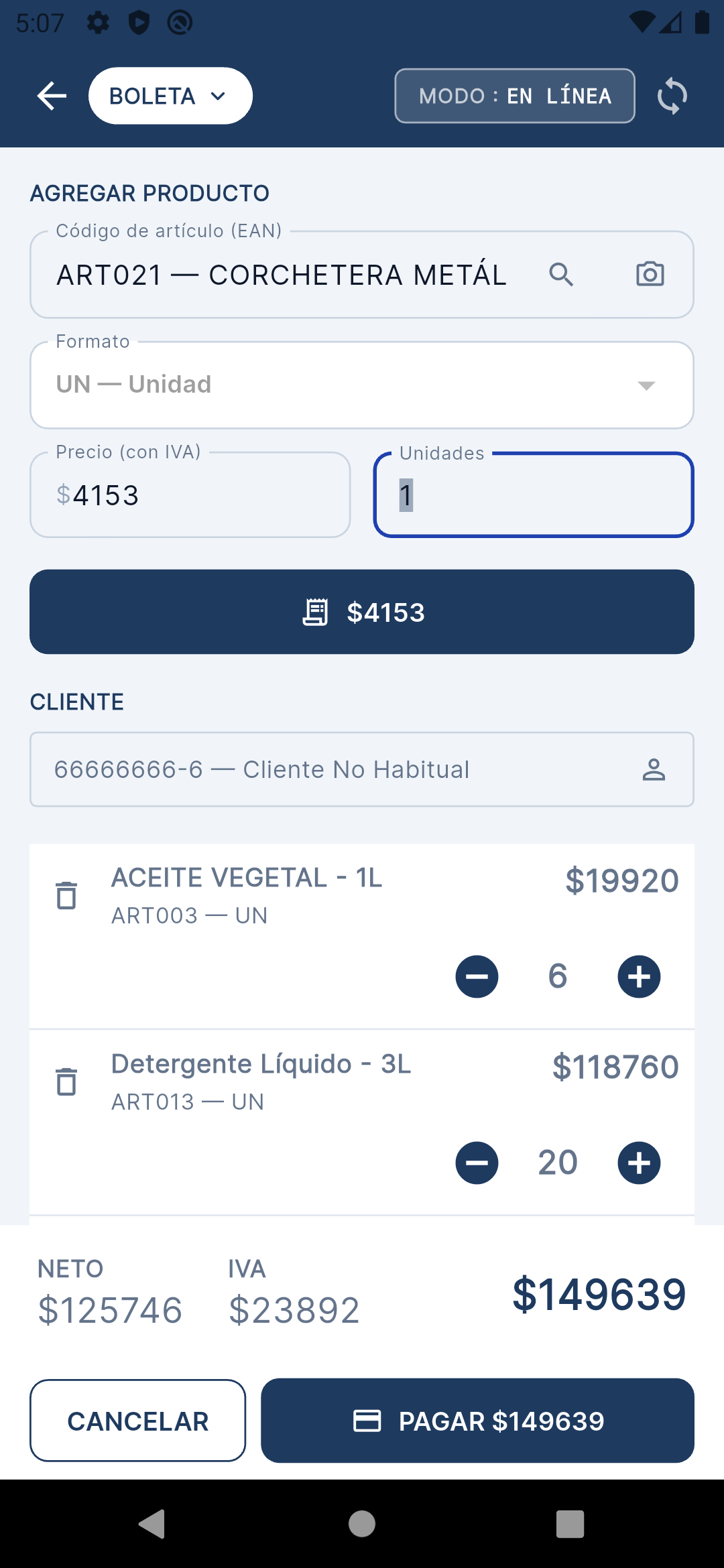Pantalla del POS móvil de Tokem emitiendo una boleta desde el teléfono