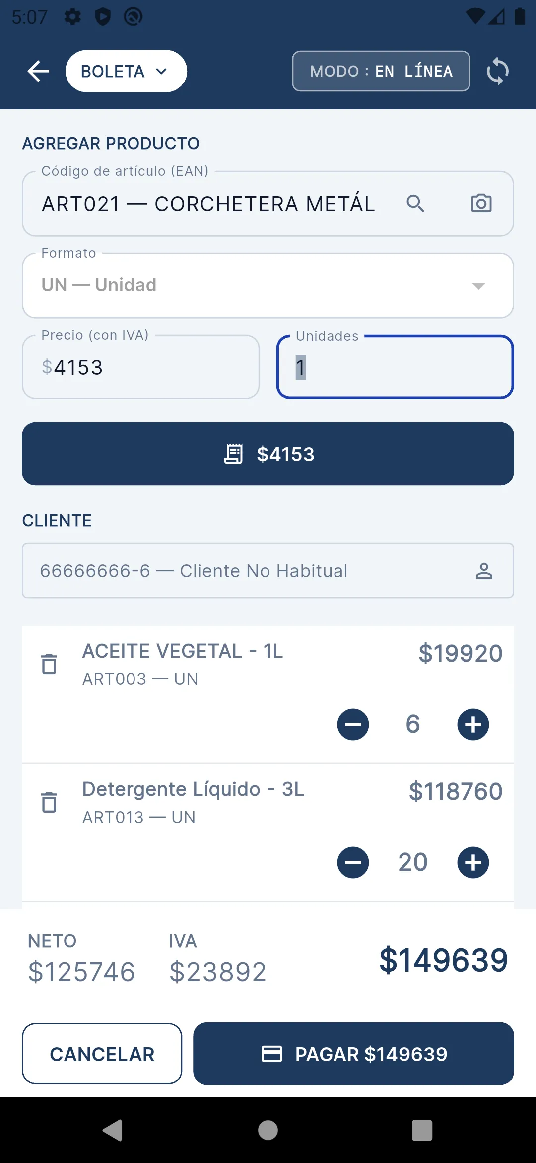 Pantalla del POS Móvil Offline emitiendo una boleta desde el teléfono
