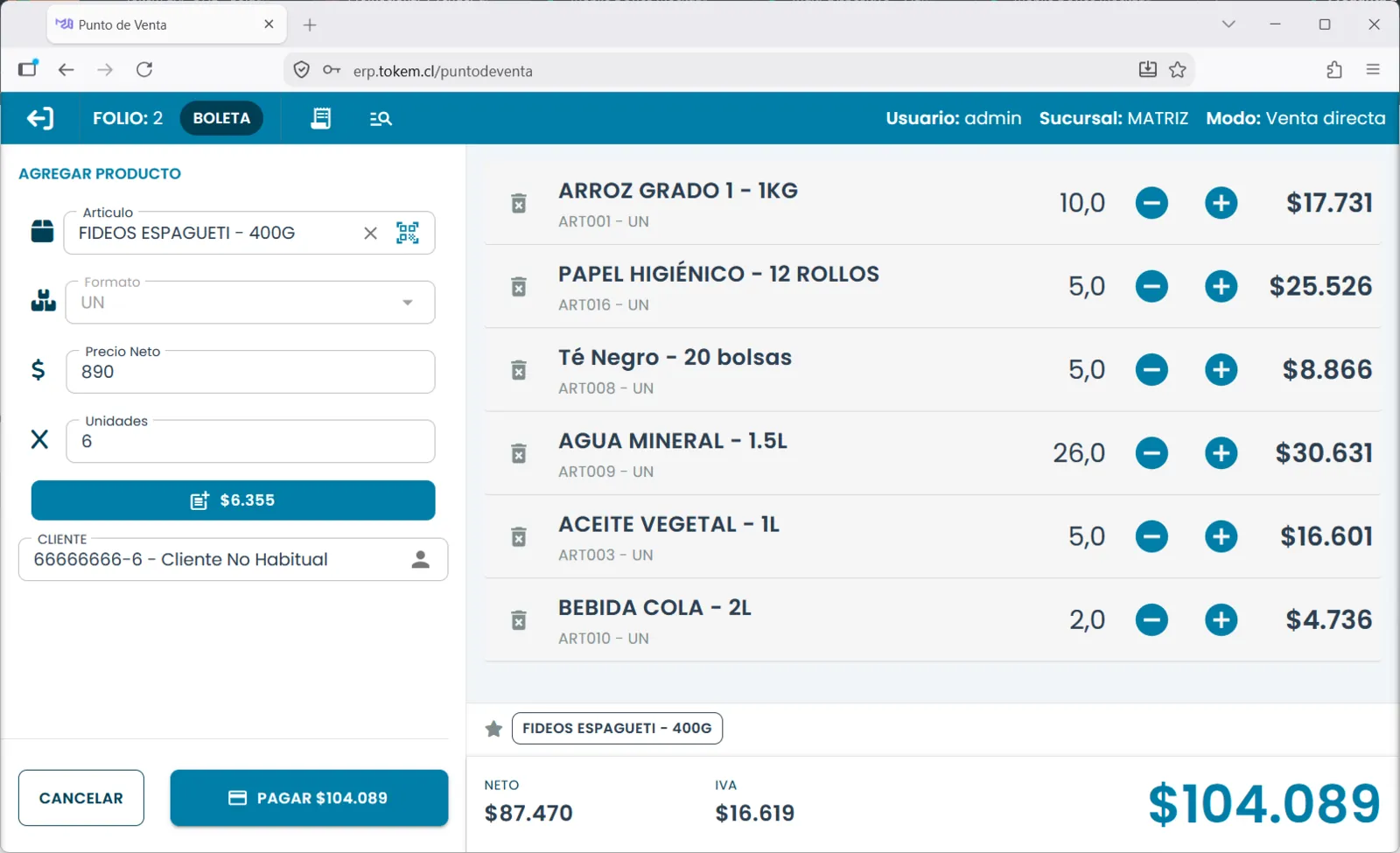 Pantalla del Punto de Venta web de Tokem ERP que se integra con Softland