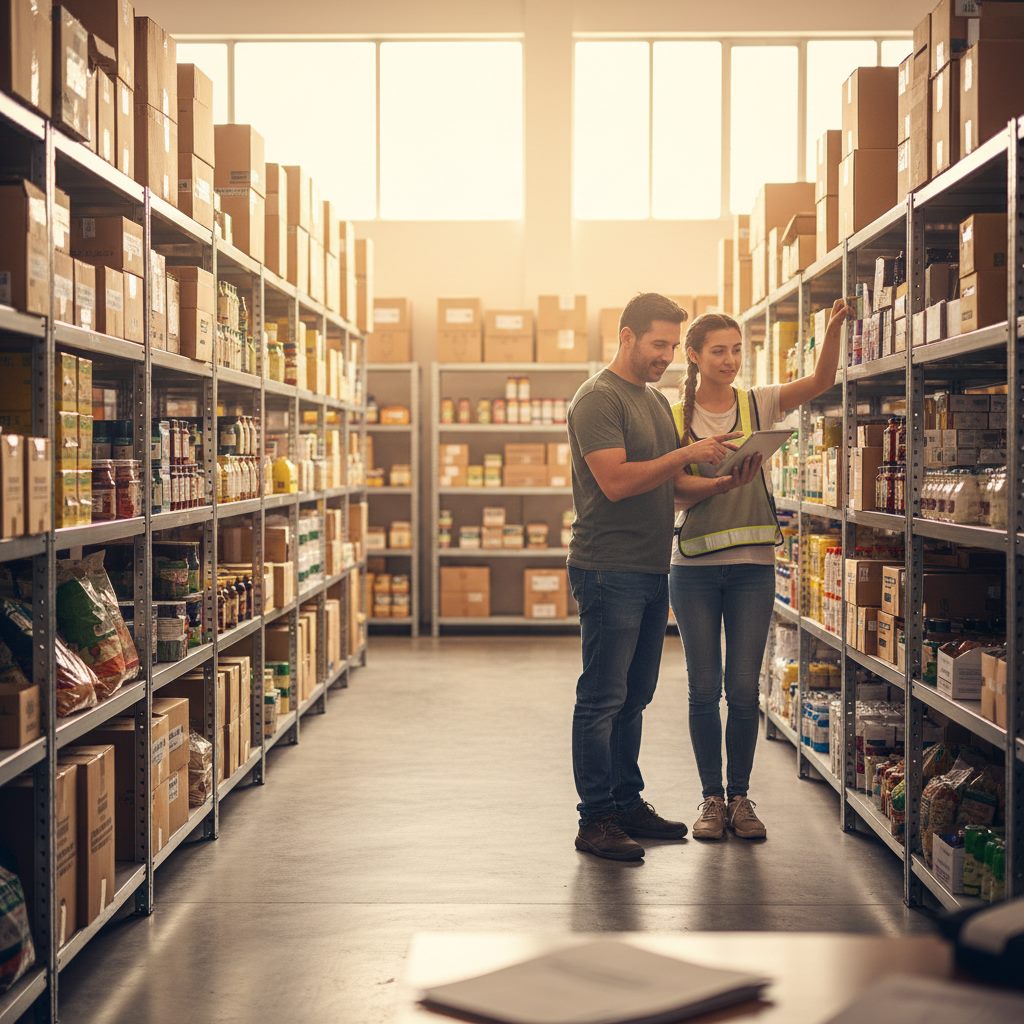 Trabajadores revisando inventario con una tablet en bodega