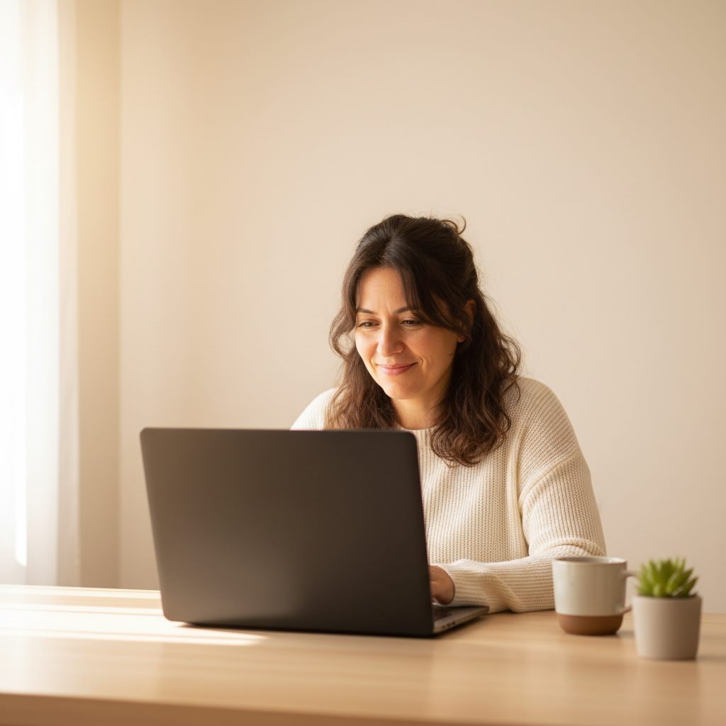 Dueña de negocio trabajando cómodamente en su computador