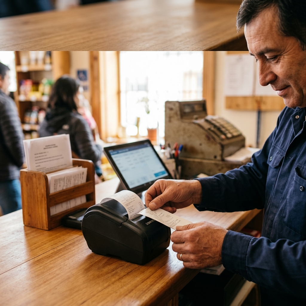 Vendedor tomando el ticket recién impreso de una impresora térmica en el mesón del local