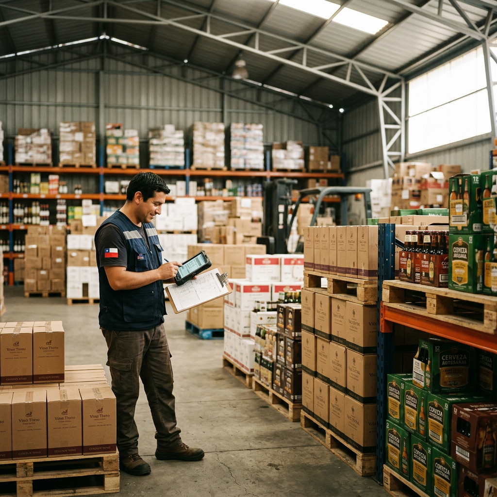 Bodega de distribuidora de licores con cajas de vino y packs de cerveza por formato
