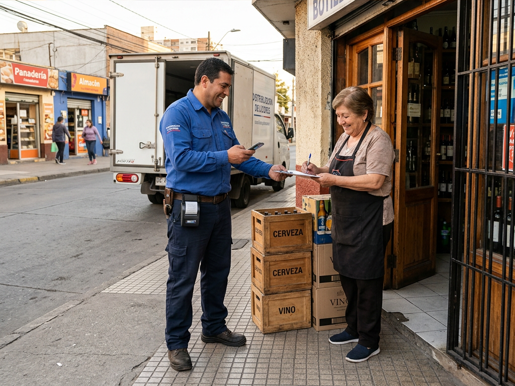 Repartidor de licores emitiendo el documento en el celular en la puerta de una botillería