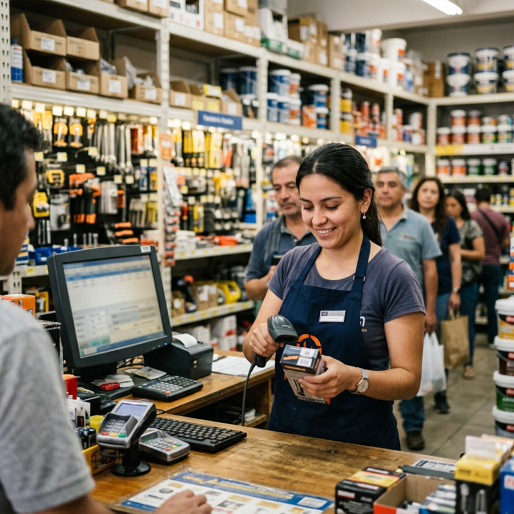 Cajera de un comercio atendiendo con lector de código de barras en el punto de venta