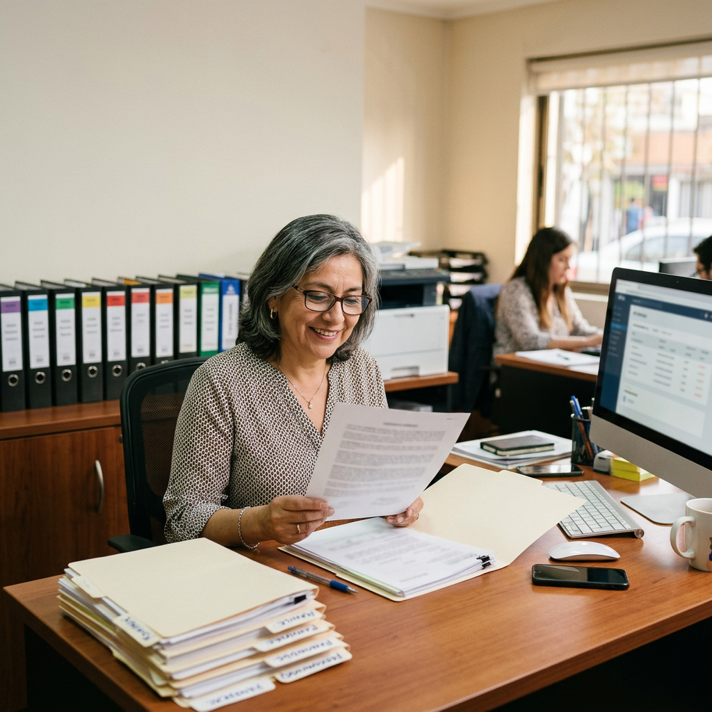 Jefa de RRHH revisando el contrato y la ficha de un trabajador, con carpetas de personal ordenadas en el escritorio