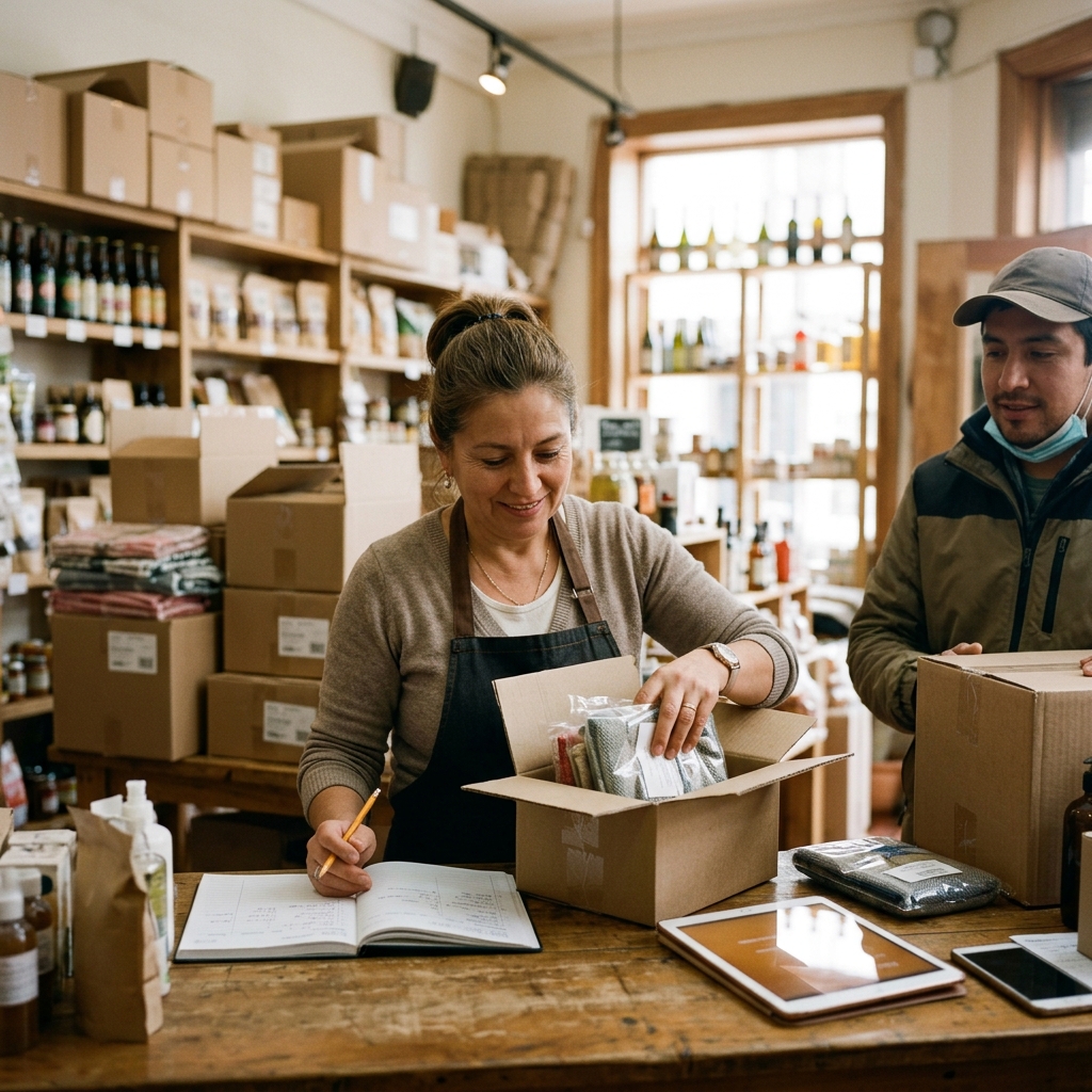 Comerciante recibiendo y anotando la mercadería en consignación en el mesón de su tienda