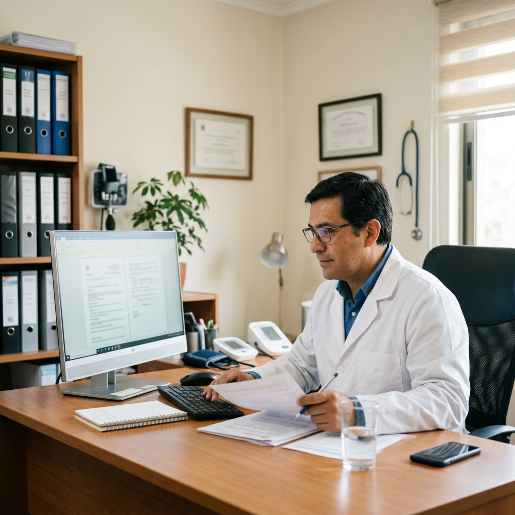 Médico revisando el registro de sus boletas de honorarios en el sistema