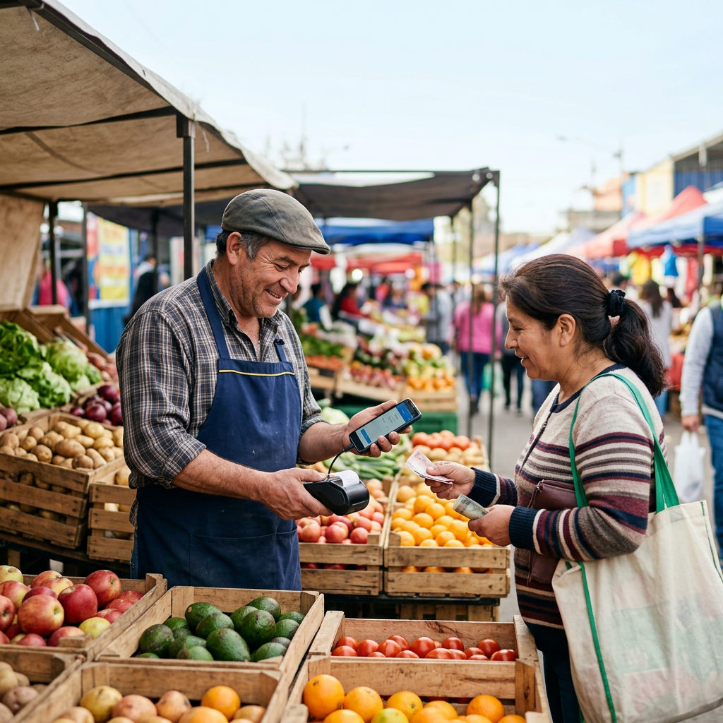 Comerciante de feria cobrando con el POS Móvil Offline en su puesto